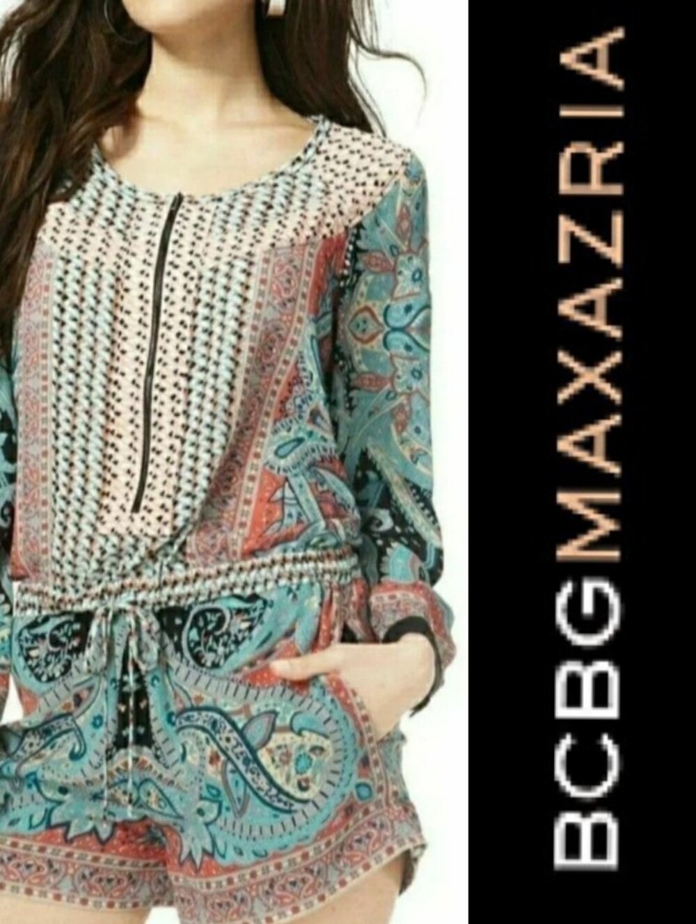 BCBGMAXAZRIA ROMPER BOHO SCARF PRINT MEDIUM WOMENS MEDIUM NWOT